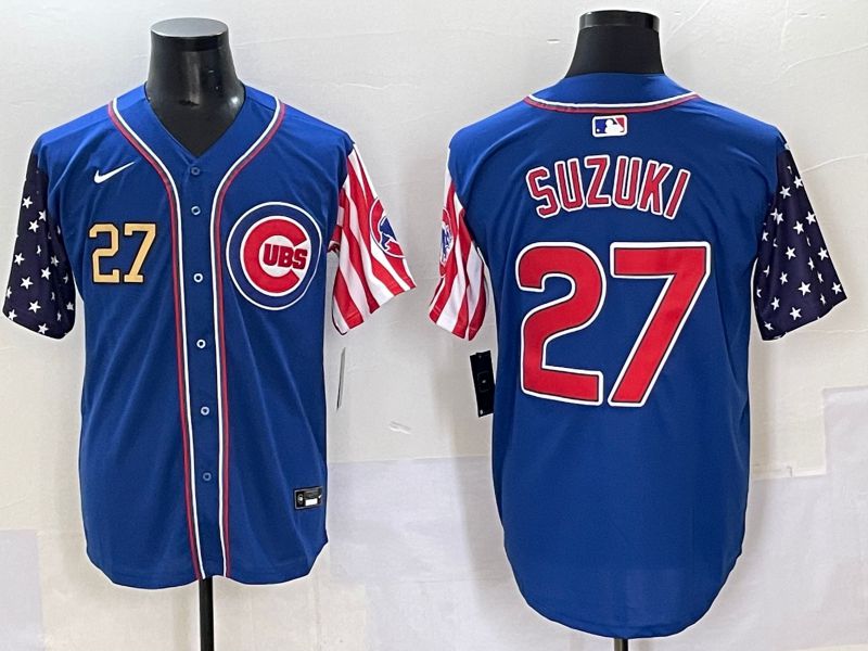 Men 2025 Chicago Cubs 27 Suzuki Blue National Flags Nike MLB Jersey style 4